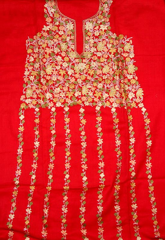 Red Two-Piece Suit from Kashmir with Floral Aari Embroidery on Kameez