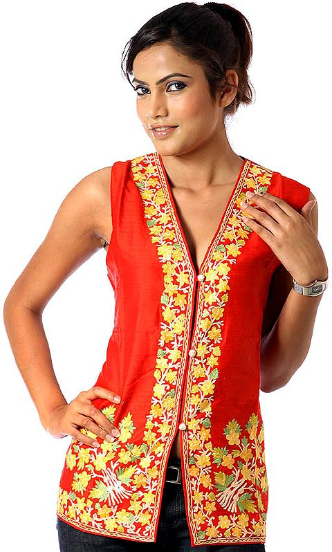 Red Waistcoat with Aari Embroidered Flowers on Border