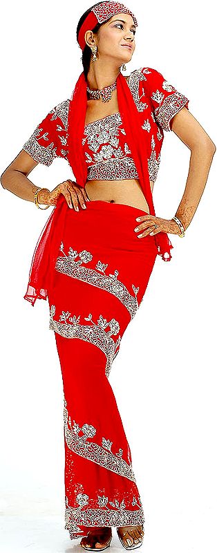Red Wrap Around Four Piece Sari Suit with Heavy Sequins and Beadwork on Choli