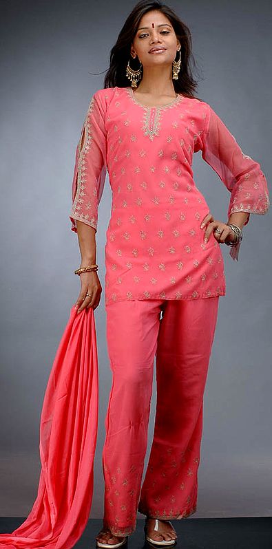 Red-Pink Parallel Suit with Embroidery on Kameez