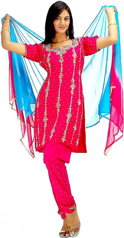 Red-Violet and Turquoise Choodidaar Suit with Beadwork and Sequins
