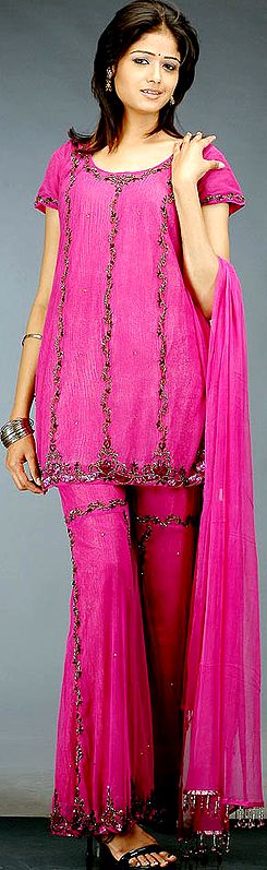 Red-Violet Tissue Sharara Suit with Beads and Sequins
