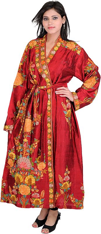 Ribbon Red Front-Open Gown from Kashmir with Crewel-Embroidered Flowers