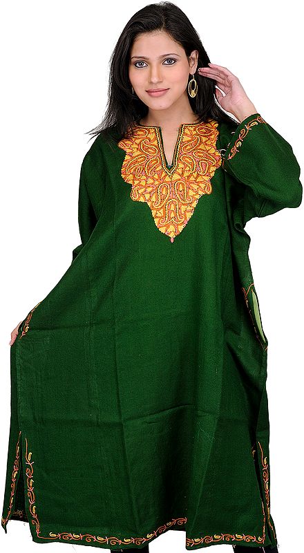 Rifle-Green Kashmiri Phiran with Aari Embroidered Paisleys on Neck