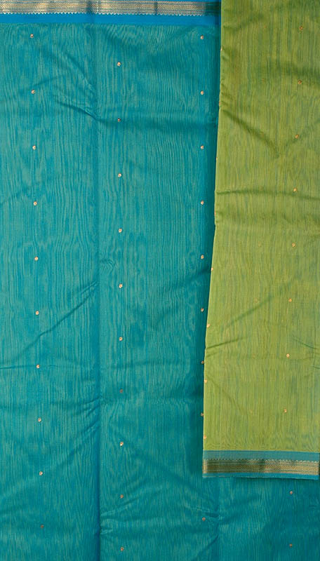 Robin-Egg Blue and Green Chanderi Suit with Large Woven Bootis