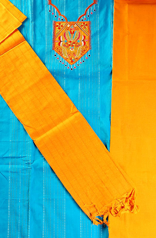 Robin-Egg Blue and Orange South-Cotton Suit with Embroidery on Neck