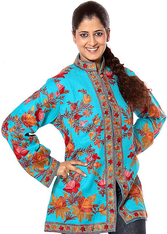 Robin-Egg Blue Jacket from Kashmiri with Aari Embroidered Flowers All-Over