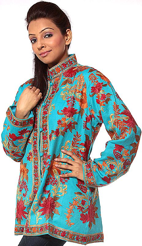 Robin-Egg Blue Jacket from Kashmiri with Aari Embroidered Flowers