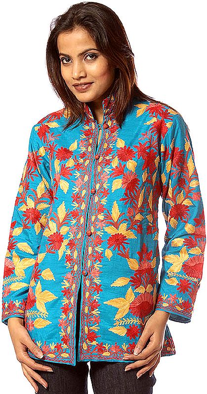 Robin-Egg Blue Jacket with Embroidered Flowers