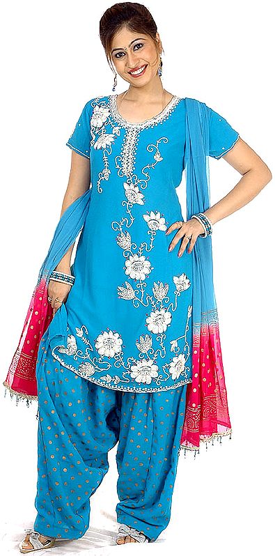 Robin-Egg Blue Patiala Salwar Suit with Beads and Sequins