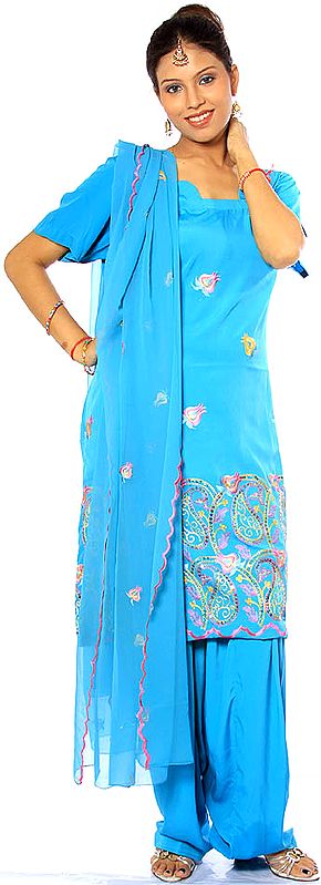 Robin-Egg Blue Salwar Kameez Suit with Crewel Embroidery