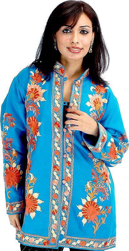 Robin-Egg Kashmiri Jacket with Embroidered Flowers