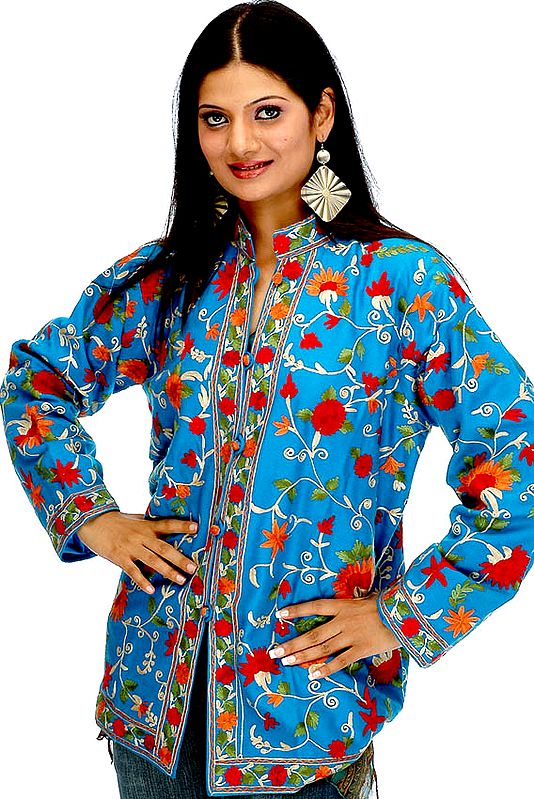Robin-Egg Turquoise Aari Jacket with Floral Embroidery