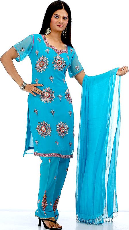 Robin-Egg Turquoise Choodidaar Suit with Crystals and Sequins