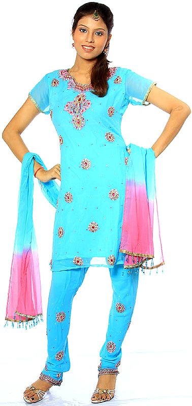 Robin-Egg Blue Choodidaar Suit with All-Over Multi-color Beadwork