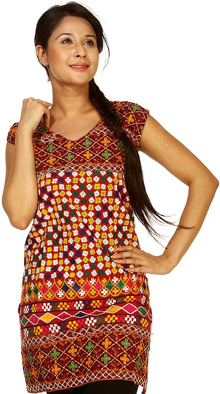 Rococco-Red Kurti from Gujrat with Crewel Embroidery All-Over and Mirrors
