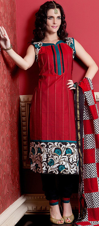 Rococco-Red Printed Choodidaar Kameez Suit with Metallic Thread Work and Wide Patch Border