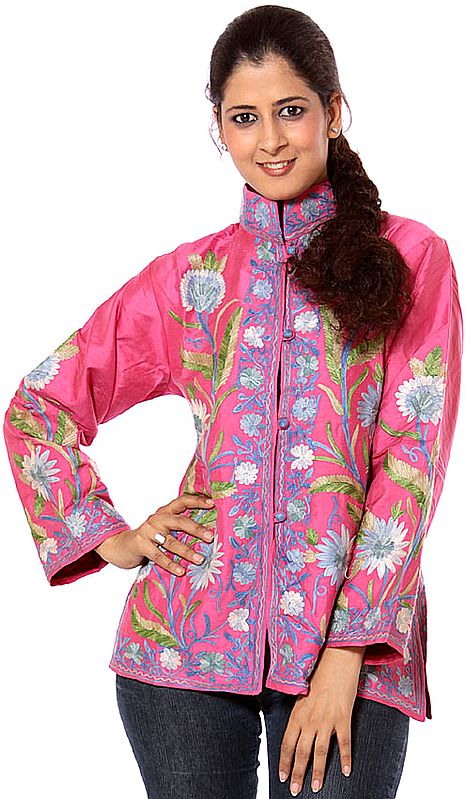 Rose-Pink Kashmiri Jacket with Embroidered Flowers