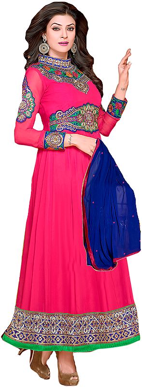 Rose-Red Anarkali Suit with Embroidered Patches on Neck and Border