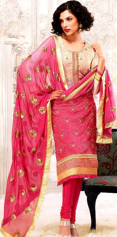 Rose-Wine Choodidaar Kameez Suit with All-Over Aari Embroidery and Patch Border