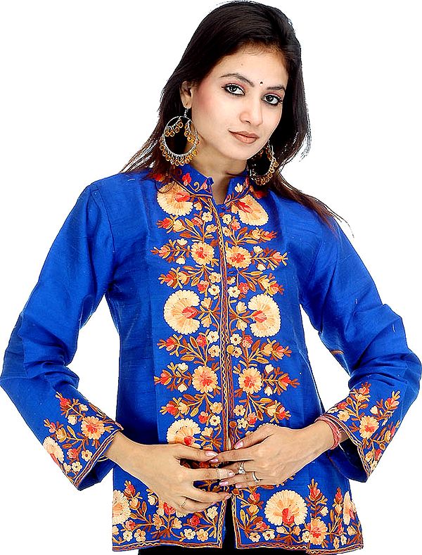 Royal Blue Kashmiri Jacket with Embroidered Flowers on Border