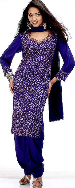 Royal Blue Kashmiri Suit with All-Over Needle Embroidery