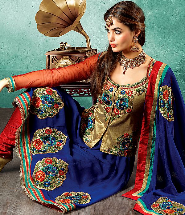 Royal-Blue and Red Floral Embroidered Choodidaar Suit with Khaki Bolero Jacket