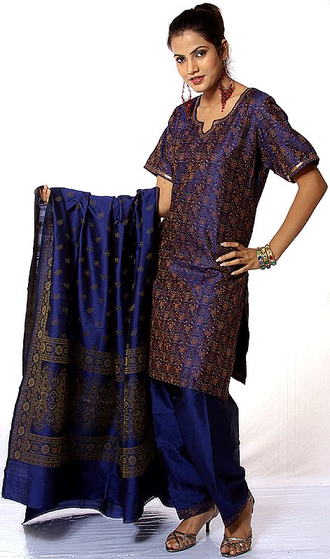Royal-Blue Banarasi Suit with All-Over Brocade Weave