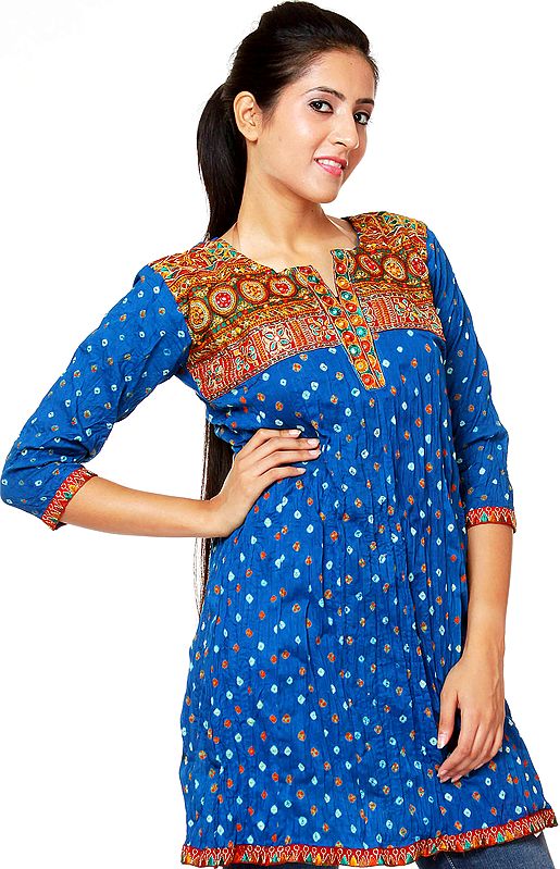 Royal-Blue Bandhani Tie-Dye Kurti from Gujarat with Embroidery and Mirrors