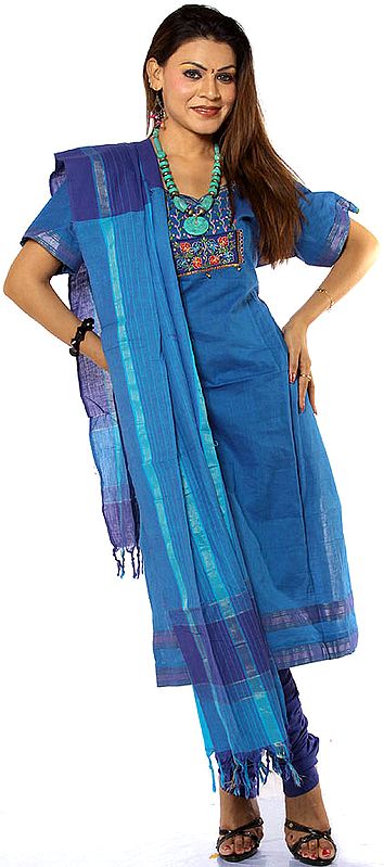 Royal-Blue Choodidaar Suit with Embroidery on Front