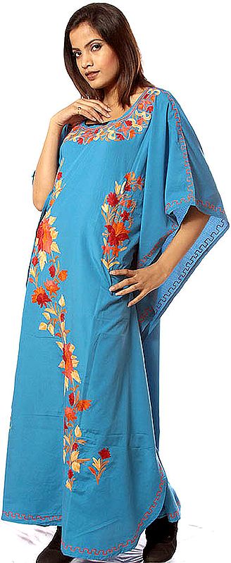Royal-Blue Kaftan from Kashmir with Floral Aari Embroidery