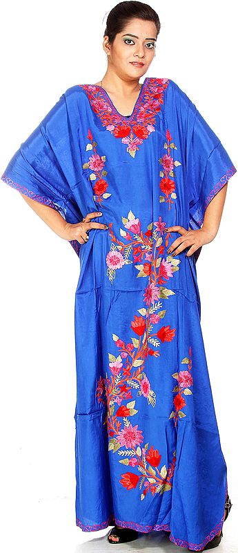 Royal-Blue Kashmiri Kaftan with Crewel Embroidered Flowers