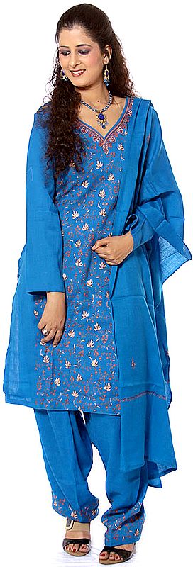 Royal-Blue Kashmiri Salwar Kameez with Sozni Embroidery All-Over