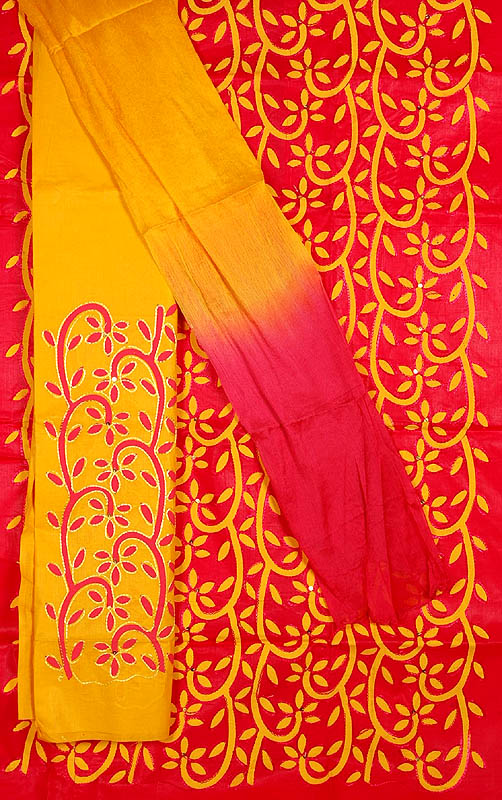 Ruby and Yellow Salwar Suit with All-Over Embroidery