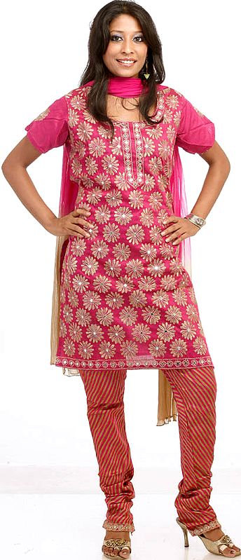 Ruby Choodidaar Suit with Floral Embroidery All-Over