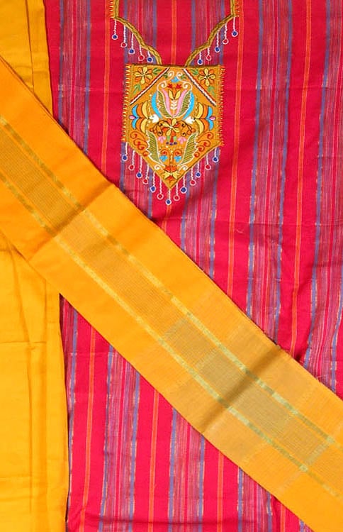 Ruby-Red and Amber South-Cotton Suit with Embroidery on Neck