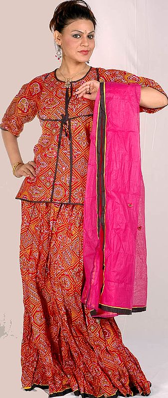 Ruby-Red Ghagra Choli from Rajasthan with Mirrors and Chunri Print