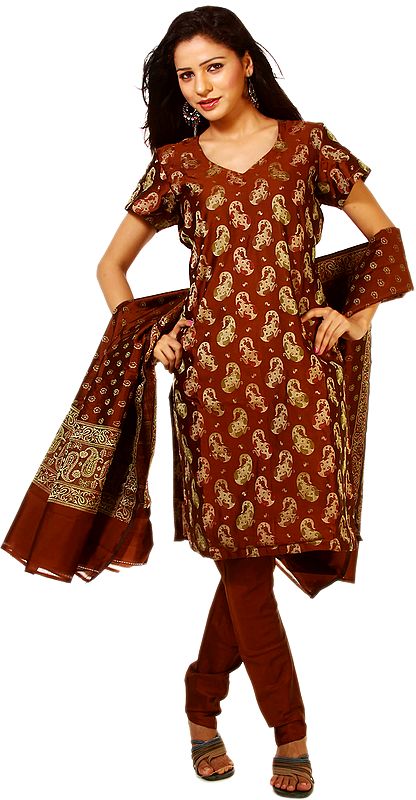 Russet-Brown Banarasi Brocaded Salwar Suit Fabric with All-Over woven Paisleys