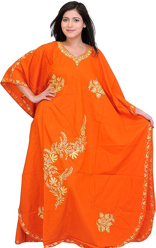 Russet-Orange Kashmiri Kaftan with Crewel Embroidery
