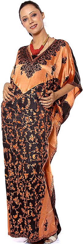 Rust and Black V-Neck Kaftan with Crewel Embroidery All-Over