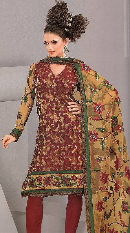 Rust and Mustard Brocaded Paisley Choodidaar Suit with Floral Embroidery