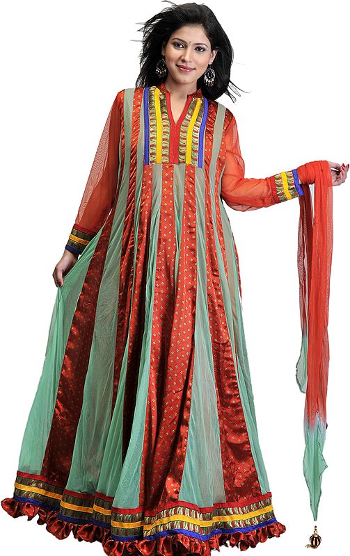 Rust Bandhani Printed Designer Gown with Patch Border