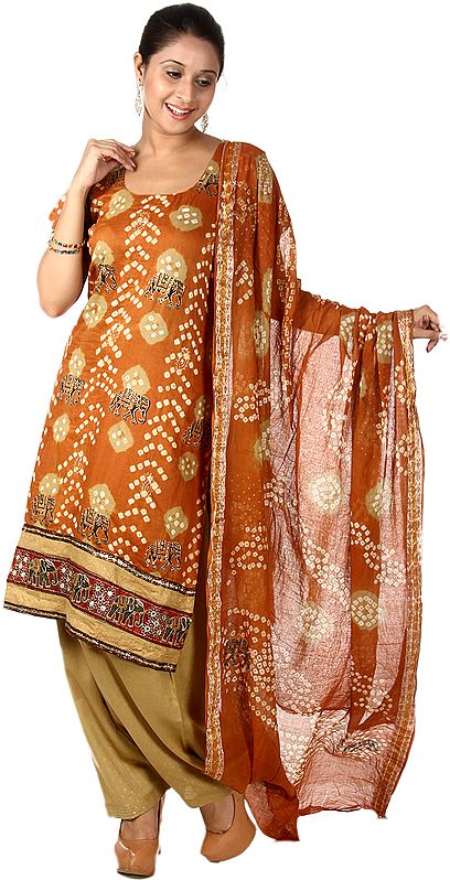 Rust Bandhani Salwar Suit from Gujarat with Printed Elephants and Patch Border
