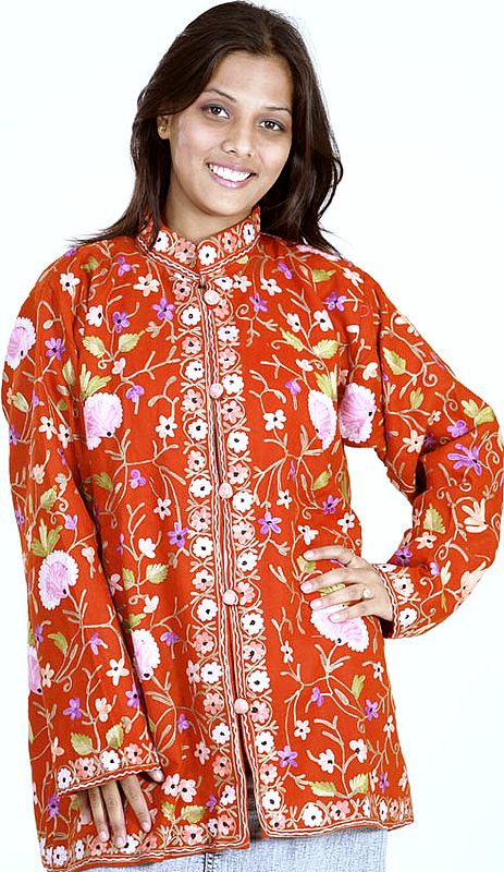 Rust Jacket with Floral Aari Embroidery