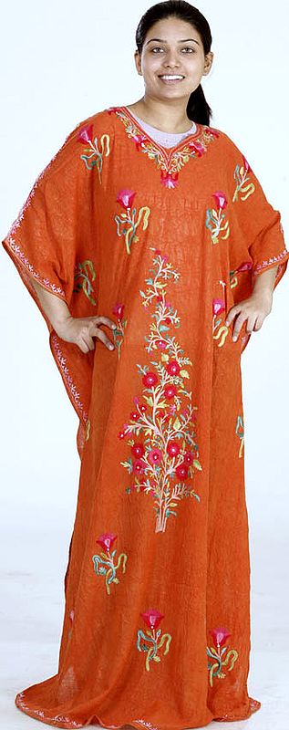 Rust Kaftan from Kashmir with Aari-Embroidered Orchids