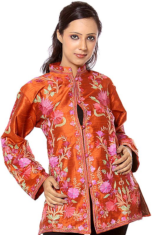 Rust Kashmiri Jacket with Embroidered Flowers