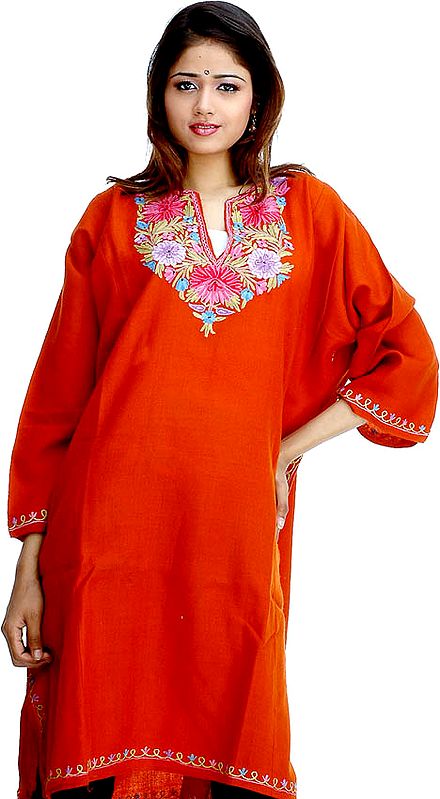 Rust Kashmiri Phiran with Floral Embroidery