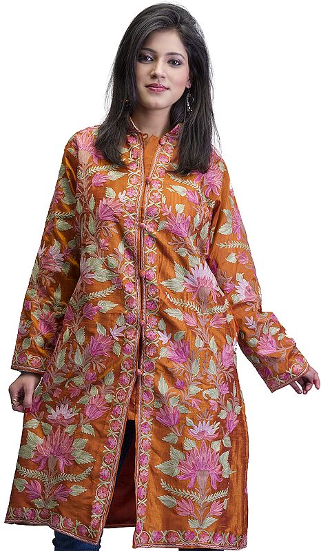 Rust Long Kashmiri Jacket with Aari Embroidered Flowers All-Over
