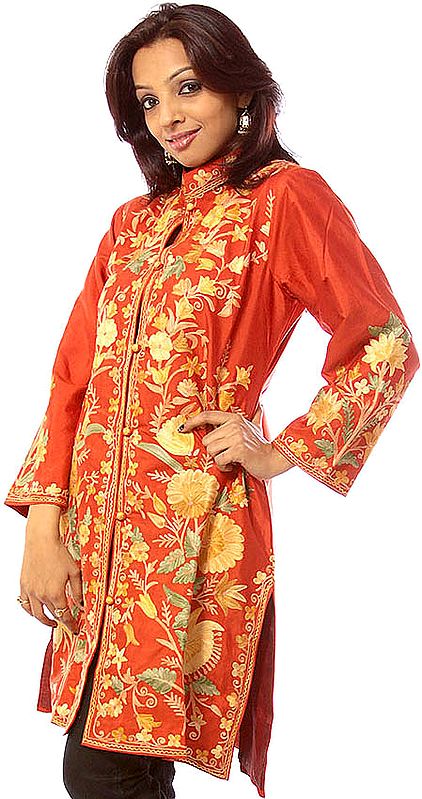 Rust Long Silk Jacket with Crewel Embroidered Flowers