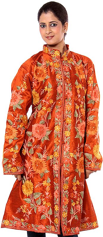 Rust Long Silk Jacket with Large Flowers Embroidered All-Over